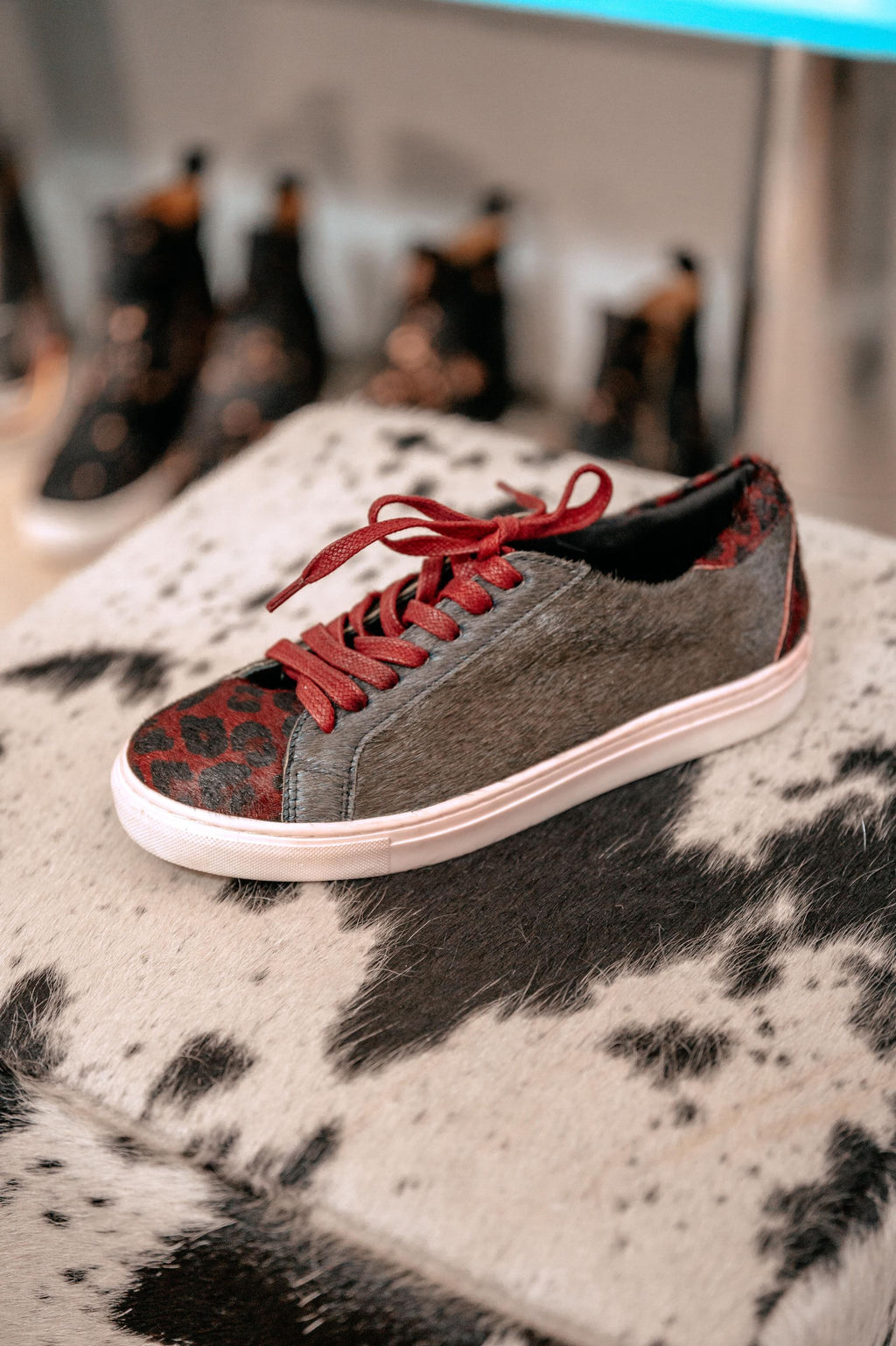 Saul Burgundy Leopard Cowhair Tennis Shoes